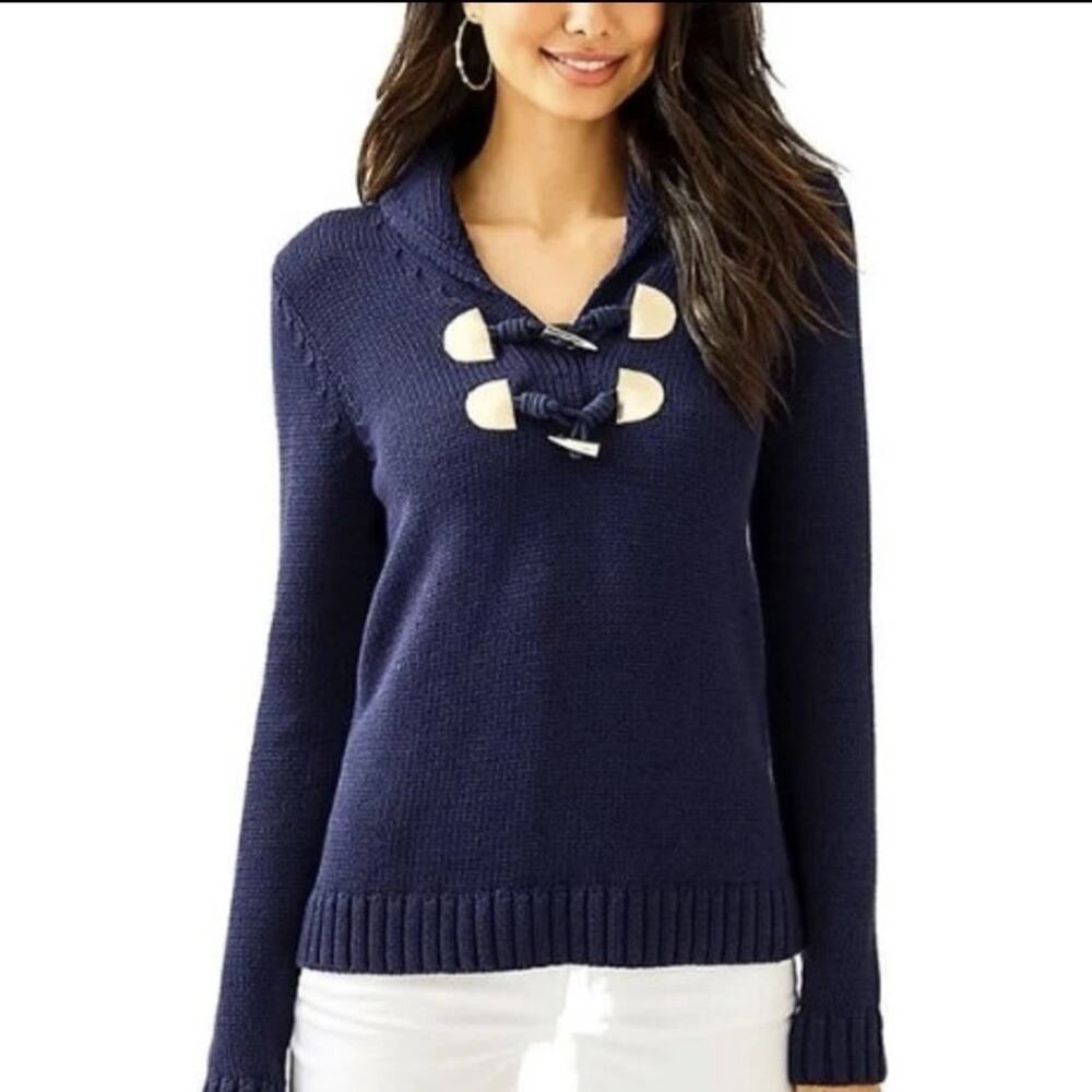 Lilly Pulitzer Bainbridge Navy Cotton Sweater Duffle Button Shawl Collar Size XL
